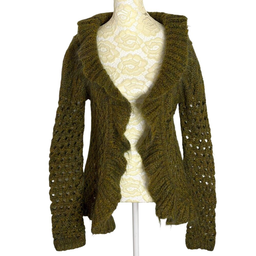 Dex Fresh Mohair Ruffle Cardigan Sweater Open Front Boho Green Marled S